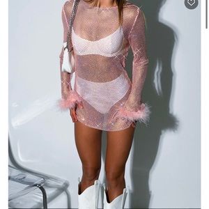 White Fox Disco Inferno Long Sleeve Mini Dress Baby Pink